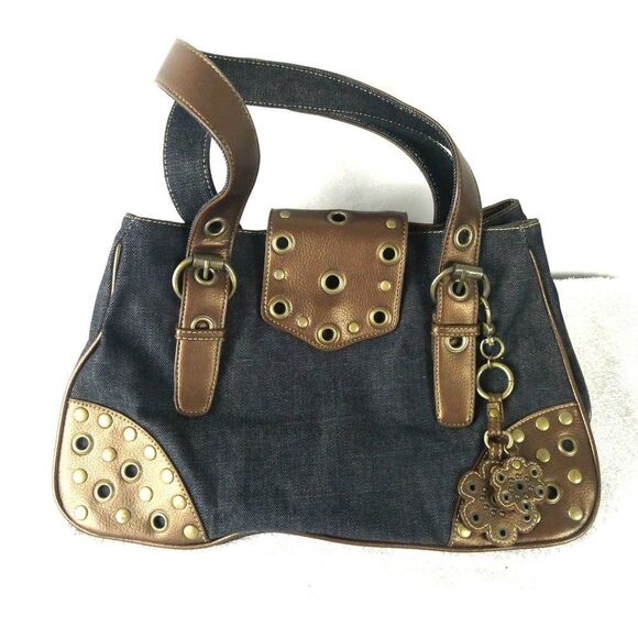 Franco Sarto Denim Wild Flower Metallic Grommet Studded Floral Purse Bag NWT - Picture 1 of 8
